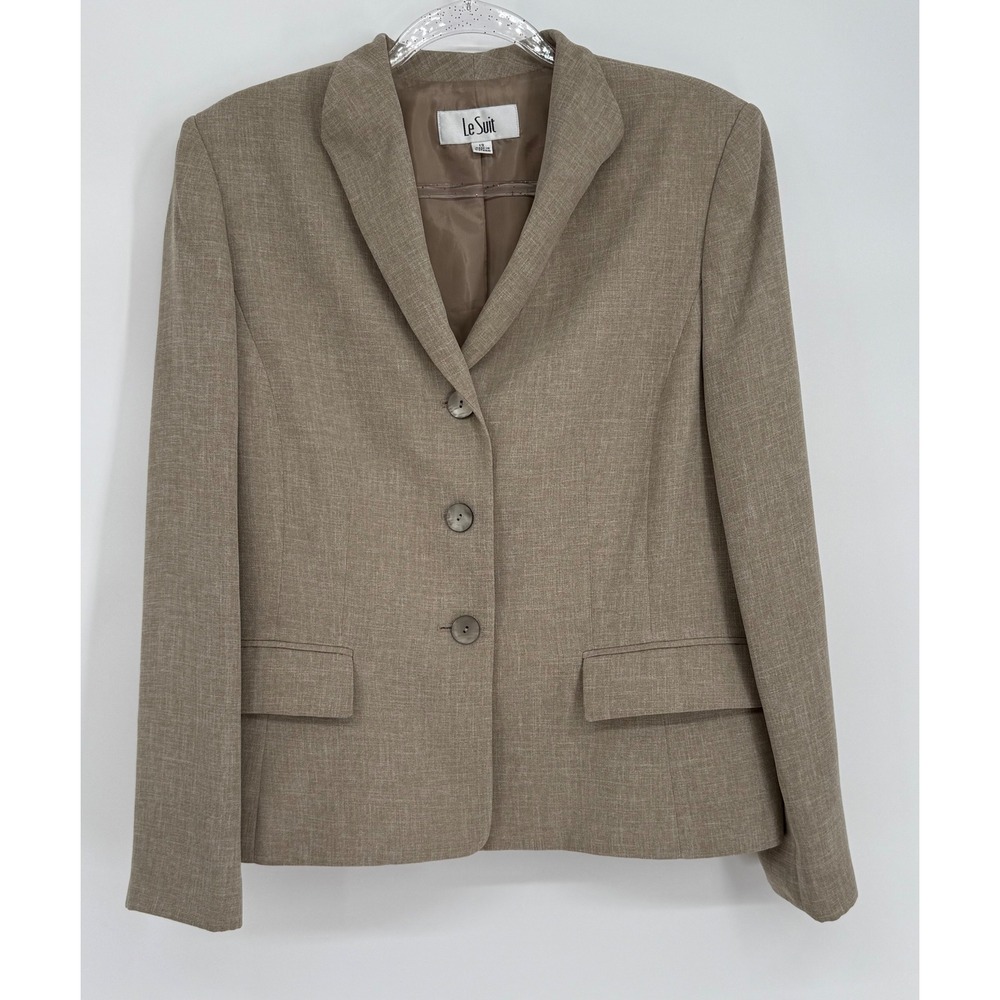 Le Suit Womens Taupe Brown 3-Button Blazer Career Jacket Sz 12 Notched Lapel